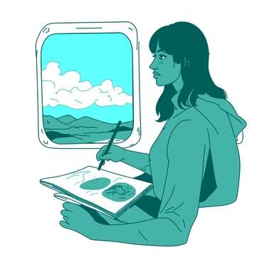 A teal traveler is sitting by an airplane window, sketching the view outside. The window frame is white, contrasting with the blue sky seen through it. Fluffy white clouds are floating past, creating a dynamic and textured scene. The traveler holds a pencil in their right hand, while a sketchbook rests on their lap, partially filled with drawings of the landscape below. Sunlight is illuminating the traveler’s focused expression as they capture the beauty of the view.