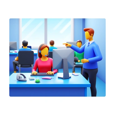A call center agent sitting at a desk while looking at a computer screen. The agent is wearing a headset and has a focused expression. A mentor is standing beside them, pointing at the screen while offering guidance. The background includes other desks with colleagues working, phones ringing, and various office supplies scattered around. Natural light is coming from a nearby window, illuminating the workspace.