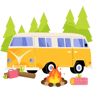 A colorful VW bus parked at a forest campsite surrounded by tall, green trees. The bus features a vibrant yellow and white paint job with round headlights and a distinctive curved shape. Nearby, a cozy bonfire burns brightly, with glowing orange flames and crackling embers. A circle of logs serves as seating around the fire, and a few camping essentials, such as a red and white checkered blanket and a small cooler, are scattered on the ground. The atmosphere is lively, capturing the spirit of a camping adventure.