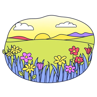 A vast open field filled with various wildflowers in vibrant colors like yellow, purple, and red. The flowers sway gently in the breeze, creating a lively scene. In the background, the sky is painted with golden hues as the sun sets, casting a warm glow over the landscape. A few fluffy white clouds are scattered across the sky, adding depth to the sunset. The horizon is distant and slightly rolling, enhancing the sense of openness in the field.