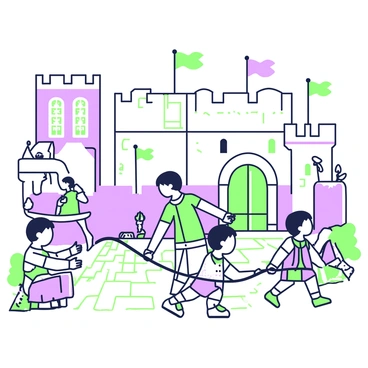 A medieval castle courtyard is bustling with activity as children play traditional games. In the center, a group of three children is engaged in a game of tag, with one child wearing a tunic and another wearing a simple dress. To the left, two children are skipping with a long rope, while a third child is counting and preparing to jump in. Along the stone walls of the courtyard, there are small wooden tables with handmade toys, such as carved figures and spinning tops. Above the scene, flags are fluttering from the towers of the castle, and the stone architecture forms a grand backdrop, with arches and battlements visible. The cobblestone ground is worn but full of life as the children laugh and move energetically.