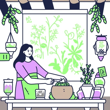 An ancient healer is standing at a wooden table in a dimly lit room. She has long, flowing hair and is wearing a simple, earth-toned garment. In front of her, there is a mortar and pestle made of stone, with fresh green herbs piled inside. She is carefully grinding the herbs, her focused expression revealing her dedication to the task. Surrounding her are various jars filled with dried herbs, each labeled with symbols. A few bundles of herbs hang from the wooden beams above, and a small flame flickers from a clay lamp, casting soft shadows on the walls filled with parchment scrolls and intricate drawings of plants.