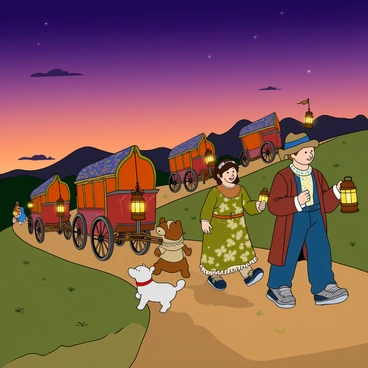 A colorful caravan of travelers moving along a winding path at twilight. The caravan consists of several intricately designed wagons, each with vibrant patterns and shapes. The sky is illuminated with deep purples and soft oranges, signaling the transition to night. Each traveler holds a glowing lantern, casting warm light that flickers as they walk. The travelers are diverse, featuring a tall man with a feathered hat, a woman in a flowing dress with floral patterns, and a small child laughing and skipping alongside. Several small animals, like a curious dog and a fluffy rabbit, accompany them. The scene captures a sense of adventure and camaraderie as they journey into the night.