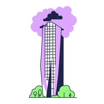 A tall skyscraper rises prominently against the backdrop of a stormy sky. The building features a sleek, modern design with sharp angles and reflective glass windows. Dark clouds swirl dramatically around the peak of the skyscraper, enhancing its imposing presence. The structure casts a long shadow on the ground below, where a few small trees are visible. The atmosphere is charged, as if a storm is about to break.