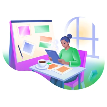 A modern pastel illustration depicting a freelancer sitting at a small table in a cozy cafe. The freelancer is holding a tablet and has a focused expression. Surrounding them are various colorful sketches scattered on the table, showcasing different designs. A steaming cup of coffee is placed to one side of the table, adding warmth to the scene. Soft sunlight filters through a nearby window, illuminating the space with a warm glow.
