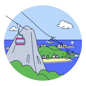 A cable car is ascending Sugarloaf Mountain, which has a rocky texture and a slightly jagged profile. The cable car is glass-enclosed, providing a clear view of the surrounding landscape. Below, a panoramic view of Rio de Janeiro unfolds, showcasing its iconic beaches, bustling cityscape, and lush green hills. The sky is a bright blue, dotted with a few fluffy white clouds. The cable car's metallic cables are taut, stretching towards the summit of the mountain.