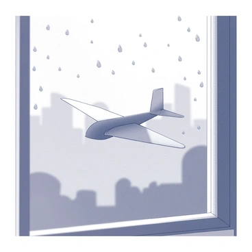 A paper plane seen through a rainy window with raindrops trickling down