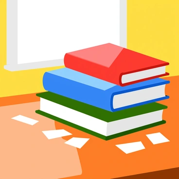 A stack of three colorful books resting on a polished wooden table. The top book is red, the middle book is blue, and the bottom book is green. The surface of the table has a rich wood grain texture, showcasing its natural patterns. The books are neatly aligned, with their spines facing outward. There are small scattered pieces of paper beside the stack, hinting at a cozy reading environment. Sunlight filtering through a nearby window casts gentle shadows on the table, emphasizing the stability of the books due to friction.