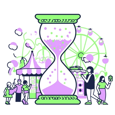 An hourglass filled with colorful confetti, set amidst a festive carnival scene