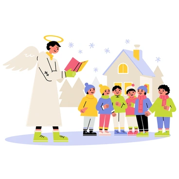 An angel with white wings and a glowing halo stands in the foreground. The angel holds a songbook open and gestures toward a group of small children, who are gathered closely around. The children are dressed in colorful winter clothing, including bright scarves and hats. They have cheerful expressions as they sing. Snowflakes gently fall from the sky, and a light dusting of snow covers the ground. In the background, there are snow-covered trees and a cozy cottage with warm light glowing from the windows.