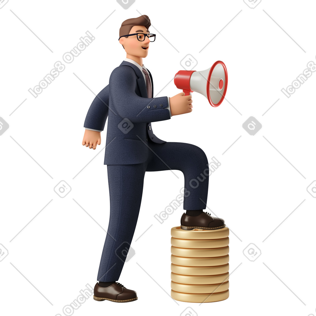 Ilustração de Empresário pisando em uma pilha bitcoins falando através do megafone no estilo 3D Business para baixar PNG, SVG