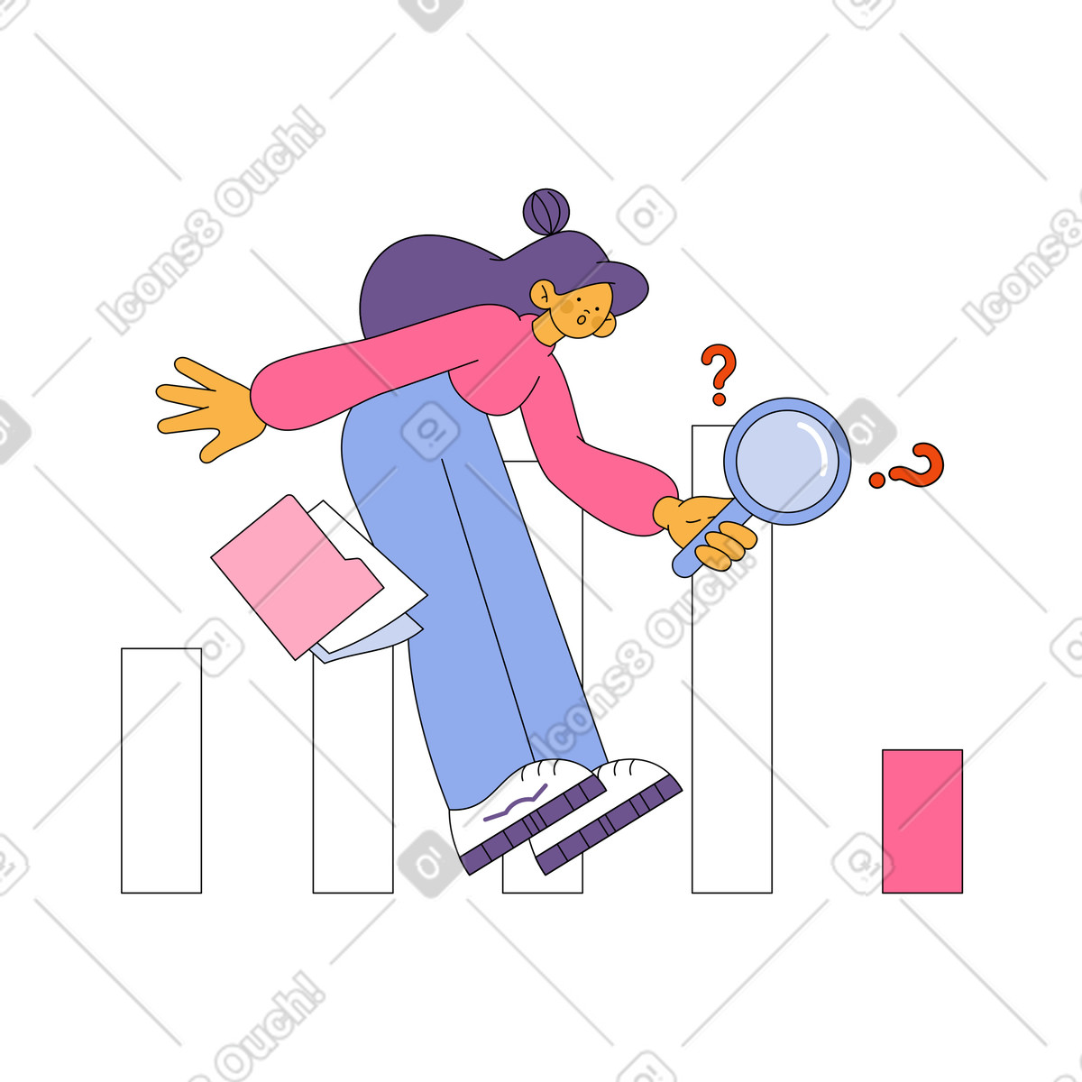 Ilustración Mujer con lupa examinando estadísticas en estilo Bloom a descargar en PNG y SVG