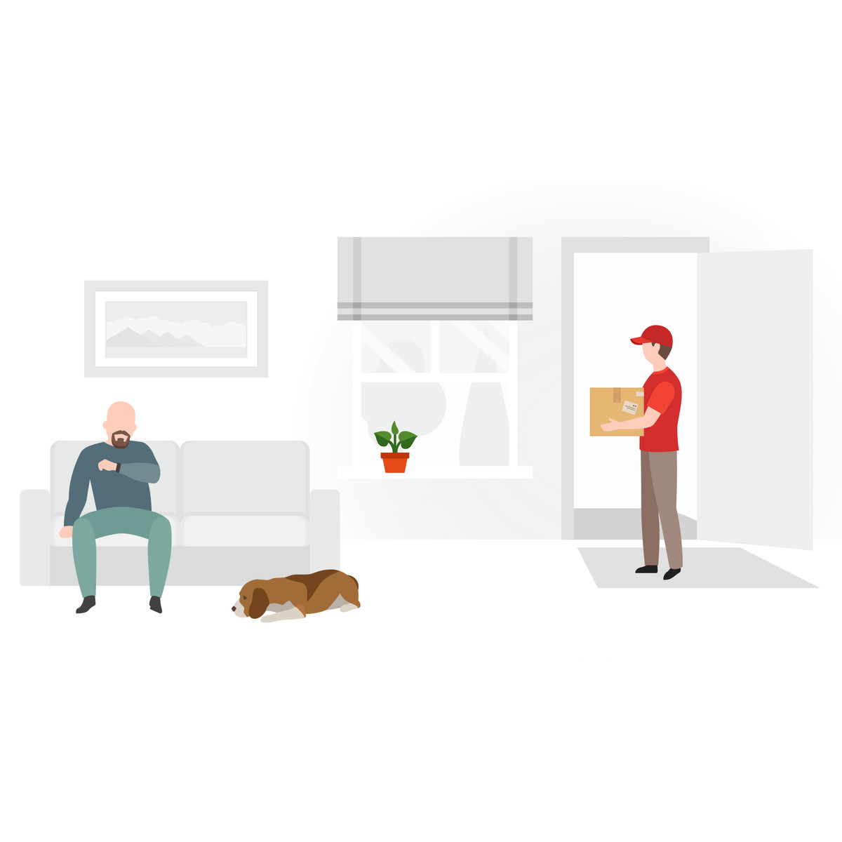 Man delivering parcel to a home illustration in Fogg style download in PNG, SVG