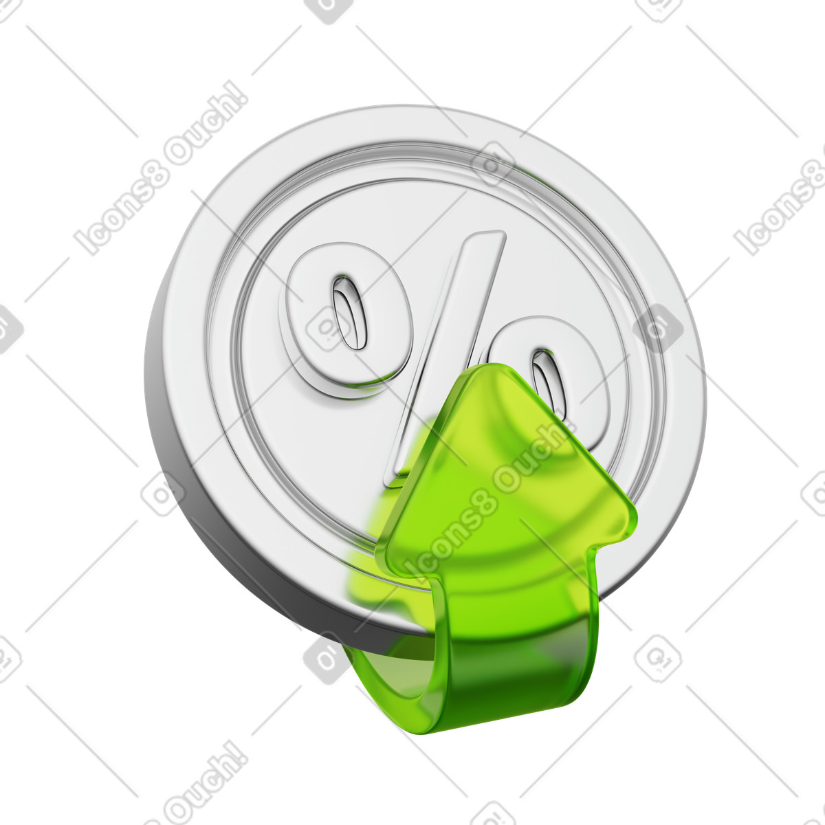 Illustration Pièce avec pourcentage et flèche verte, croissance des intérêts, augmentation de la remise dans le style 3D Playful à télécharger aux formats PNG, SVG
