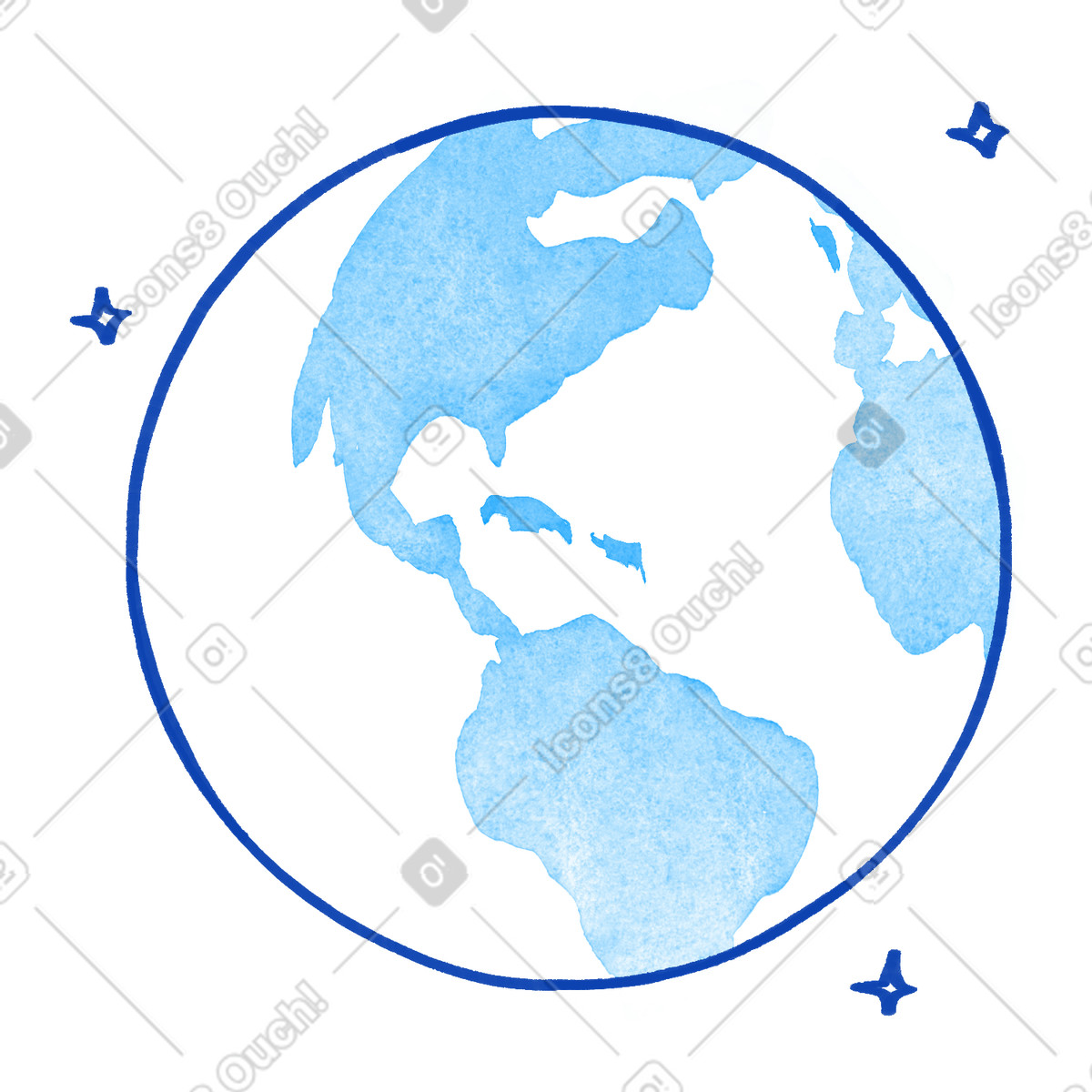 Tint スタイルの World planet view emphasizing western hemisphere geography and simple stars のイラストをPNG、SVG形式でダウンロード