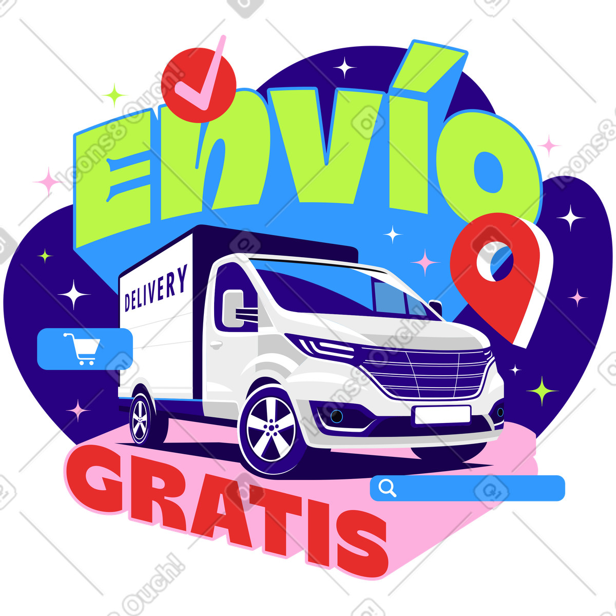 Ilustración Letras envío gratis con coche de entrega y texto objetos decorativos en estilo Lettering a descargar en PNG SVG