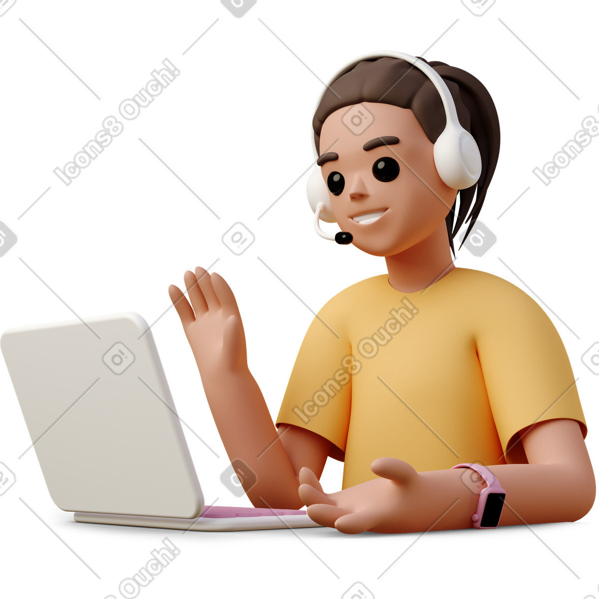 下载 3D Casual life 风格的 Young woman in headphones sitting front of laptop and waving 插画，支持 PNG、SVG 格式