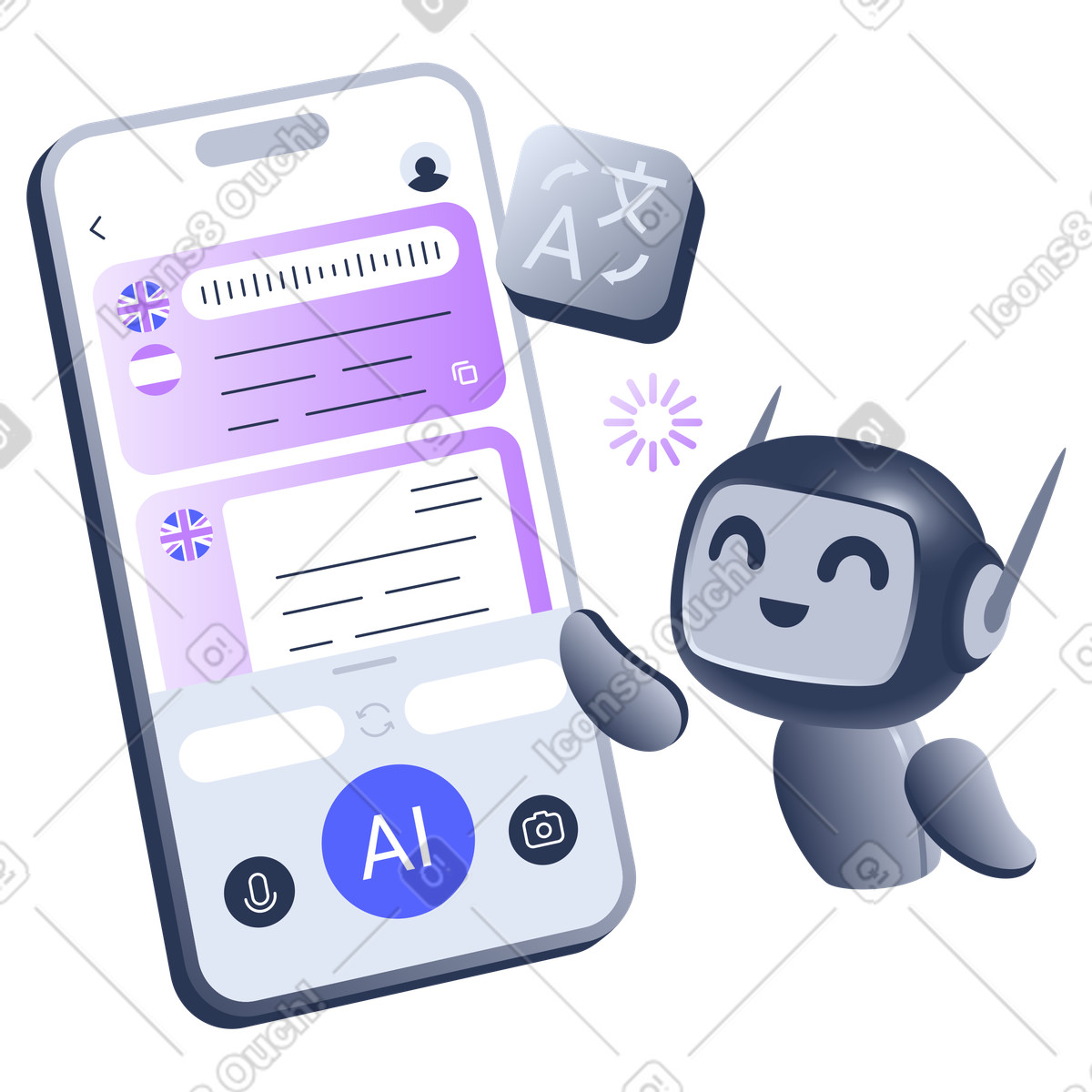 Mobile AI translator app interface, Automated translation or learning support illustration in Lucent style download in PNG, SVG