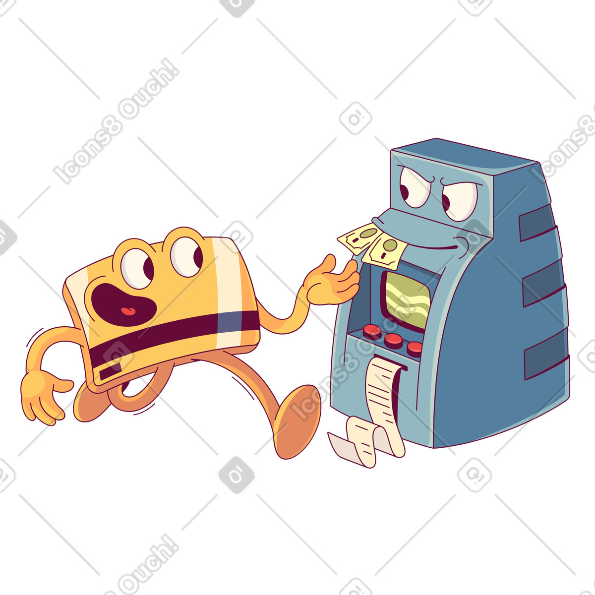 Fun credit card character taking money from ATM, Cash withdrawal and banking services illustration in Handy style download in PNG, SVG