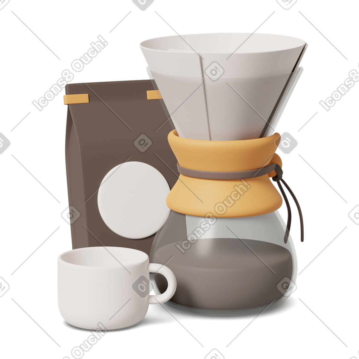 Chemex with coffee bag and cup illustration in 3D Casual life style download in PNG, SVG