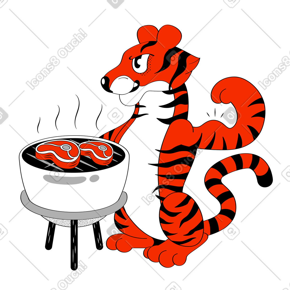 Tigre che costruisce massa muscolare mangiando carne alla griglia illustrazione in stile Looney scarica in PNG, SVG