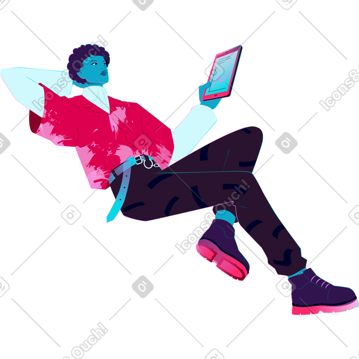 Ilustración El joven miente y sostiene una tableta en sus manos estilo Neon a descargar PNG SVG