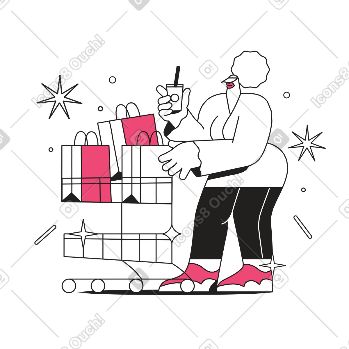 Customer with takeaway drink and shopping cart, retail therapy lifestyle illustration in Dazzle Line style download in PNG, SVG