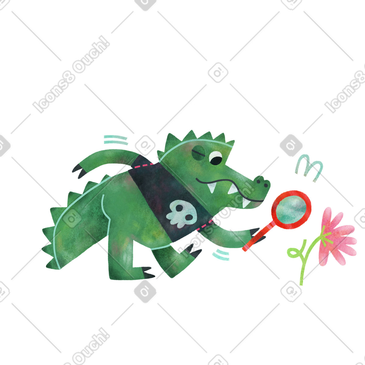 Alligator wearing tshirt and looking at flowers searching something with magnifier illustration in Jungle style download in PNG, SVG