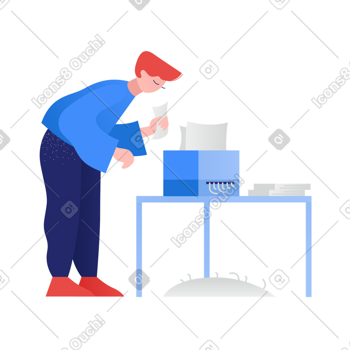 Ilustración Hombre poniendo papel en trituradora estilo Clip a descargar PNG y SVG