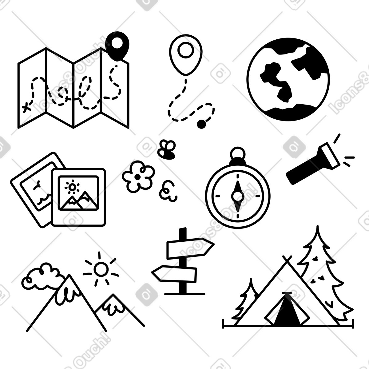下载 Notion Line Art 风格的 Travel and hiking symbols for world exploration 插画，支持 PNG、SVG 格式