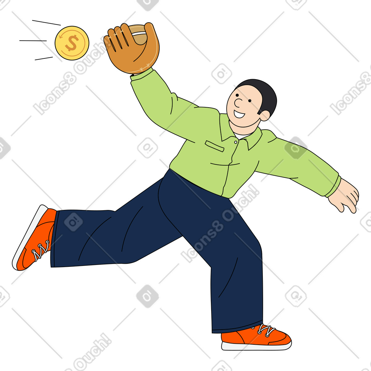 Young man catching cashback with baseball glove illustration in Kindy style download in PNG, SVG