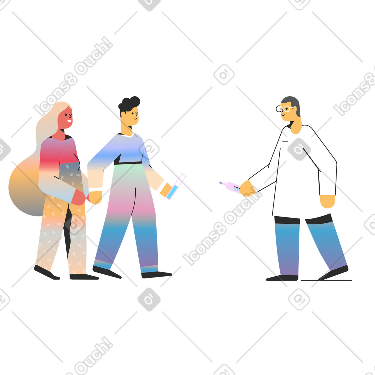 Giovane coppia e medico con test di gravidanza come inseminazione artificiale illustrazione in stile Marginalia scarica in PNG, SVG