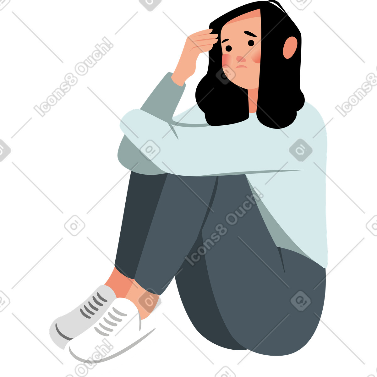 La ragazza depressa si siede e tiene testa illustrazione in stile Lagom scarica in PNG, SVG