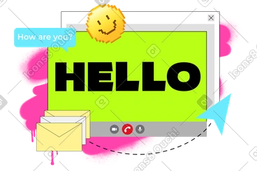 Lettrage bonjour dans la fenêtre d'appel vidéo avec sourire et texte d'enveloppes PNG, SVG