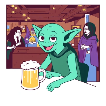 A teal house-elf with large, expressive eyes is sitting at a vibrant white table in a lively wizarding pub. Dobby is holding a frothy mug of butterbeer, with foam spilling slightly over the rim. Around him, various witches and wizards are engaged in conversation, their colorful robes creating a dynamic scene. The wooden beams of the pub's ceiling are adorned with flickering candles, casting a warm light over the energetic atmosphere. Dobby is smiling widely, clearly relishing the moment and enjoying the bustling environment.