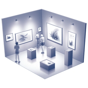 A spacious virtual art gallery with a high ceiling. The walls are adorned with various illustrations, each framed in sleek, modern frames. The artworks feature intricate designs and bold forms. Pedestals are positioned throughout the gallery, showcasing three-dimensional art pieces. The floor is polished, reflecting the ambient lighting from strategically placed spotlights. Visitors can be seen observing the illustrations, engaging in discussions about the art. A large digital screen displaying information about the artworks is located near the entrance.