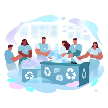 A group of individuals is actively sorting recyclables at a community recycling center. Two people are handling large bins filled with plastic bottles, while another person is separating paper materials from a pile. There are multiple recycling containers, each labeled with distinct categories such as "Plastic," "Glass," and "Paper." Surrounding the sorting area, several volunteers are engaged in discussions, and informational posters about recycling methods are visible on the walls. The atmosphere is filled with a sense of teamwork and community involvement.