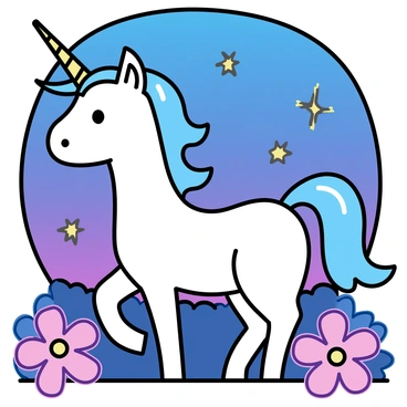 A unicorn with a shimmering white coat and a spiraled, iridescent horn is standing in a field. The flowers surrounding the unicorn are glowing softly in various colors, creating a luminous atmosphere. The sky is transitioning to dusk, with shades of deep blue and purple, and a few stars are beginning to appear. The unicorn's mane flows gently in the evening breeze.