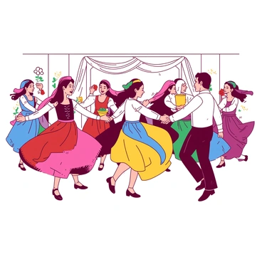 A duotone illustration features a group of dancers performing a traditional folk dance in vibrant costumes. The dancers are twirling gracefully, showcasing a variety of intricate patterns and designs on their outfits. Each dancer holds hands with the one next to them, creating a sense of unity and joy. The background is filled with decorative elements typical of a wedding setting, such as floral arrangements and draped fabrics. The energy of the dance is palpable, with some dancers leaping and others spinning, embodying the spirit of celebration.