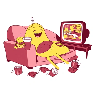 A yellow cartoonish liver with a large, exaggerated smile is lounging on a couch. The liver has tiny arms and legs, holding a greasy burger in one hand and a large cup of soda in the other. Surrounding the liver are empty fast food wrappers and soda cans scattered across the floor. In the background, there is a television showing a cooking show featuring healthy foods, while the liver seems disinterested, focused instead on its fast food feast. The overall scene conveys a humorous take on unhealthy habits.