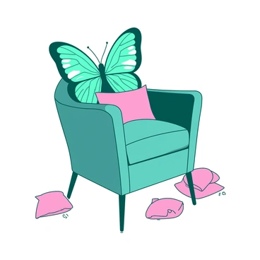 A teal armchair with a backrest that resembles open papillon butterfly wings, gracefully curving outward. The seat of the armchair is plush and inviting, with soft cushions in a matching teal color. The legs of the chair are slender and elegantly designed, giving it a delicate appearance. Surrounding the armchair, there are small pink decorative pillows scattered across the seat and the surrounding floor, adding a touch of whimsy to the scene. The butterfly wings are intricately detailed, featuring patterns that mimic the vibrant markings found on real butterflies.