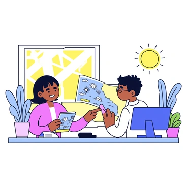 A customer sits at a desk in a sunny office, discussing vacation plans with a travel agent. The customer has a smile on their face and is holding a brochure featuring tropical beaches. The travel agent, wearing glasses, points to a map on the desk, highlighting various travel destinations. Sunlight streams through a large window, illuminating a few potted plants nearby. A computer and a notepad with a pen are also on the desk, contributing to the office environment.