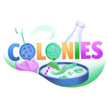 A large illustration showing the phrase "COLONIES" where each letter is composed of various microbial colonies, resembling those found in a petri dish. Each letter has a distinct color, showcasing shades of blue, green, yellow, and pink, with textures that mimic the appearance of bacteria and fungi growing in a dish. The background is a light pastel color to enhance the visibility of the letters. The overall composition is set against a subtle, abstract pattern that resembles a laboratory setting.