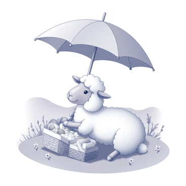 A sheep is sitting comfortably on a grassy patch in a quaint countryside setting. The sheep has a fluffy white coat, and it is positioned under a large, decorative parasol that provides shade. It holds a tiny picnic basket with its front hooves, and the basket is filled with various miniature food items. The background features rolling hills and some scattered wildflowers, completing the peaceful scene.