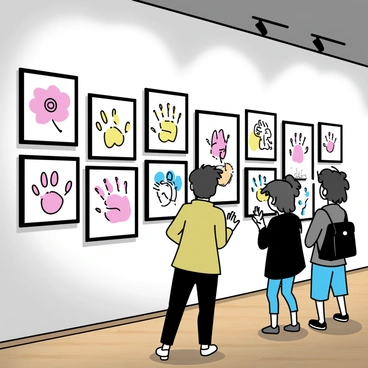A gallery wall featuring a collection of colorful thumbprint art. Each art piece is framed under glass, showcasing vibrant designs created from various colored inks. The thumbprints are arranged in distinct patterns, including flowers, animals, and abstract shapes. Soft light illuminates the artworks, enhancing their colors and details. The floor is polished wood, and a few visitors are standing in front of the pieces, observing the art closely.