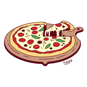 A round pizza with a golden-brown crust sits on a wooden pizza peel, just pulled from the oven. The surface of the pizza is covered with molten, bubbling mozzarella cheese that glistens in the light. Various colorful toppings are scattered across the cheese, including vibrant red pepperoni slices, bright green bell pepper pieces, and rich black olives. The aroma of freshly baked pizza fills the air, and a few strands of cheese stretch as a slice is being pulled away.