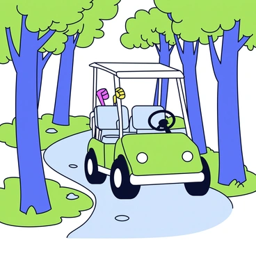 A golf cart with a bright green body is making its way along a narrow forest path. The cart has two seats, and the golf clubs are neatly placed on the back. Surrounding the path, tall trees with thick trunks create a dense canopy overhead. Sunlight filters through the leaves, casting soft beams of light onto the path, illuminating patches of green grass and scattered small rocks.