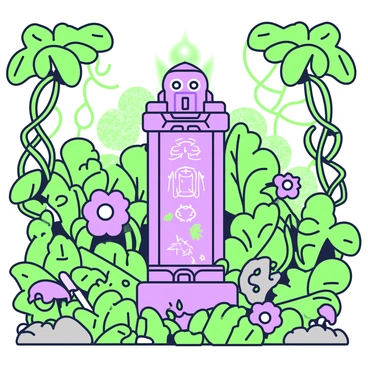 A stone oracle statue stands prominently in an overgrown jungle. The statue features intricate carvings and has glowing eyes that emit a faint light, creating a mystical aura. Surrounding the statue, dense foliage with large leaves and vines intertwines, partially obscuring the base. Exotic flowers add splashes of color among the green, while small animals peek through the underbrush, enhancing the sense of life in the jungle. The atmosphere is thick with humidity, and dappled light filters through the canopy above, creating an enchanting scene.