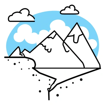 A mountain range with sharp peaks and rocky formations, viewed from the edge of a cliff. The cliff is steep and rugged, with patches of grass and small stones. Below, a valley stretches out, while above, "clouds drifting by" create a soft contrast against the blue sky. The mountains are partially shrouded in clouds, adding depth to the scene.