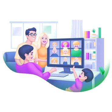 A modern pastel illustration depicting a family gathered around a computer screen during a virtual meeting. The family consists of four members: a father with glasses looking thoughtful, a mother smiling warmly, a teenage daughter with a surprised expression, and a young son showing excitement. The computer screen displays a grid of various faces, illustrating a virtual meeting. The surrounding space features comfortable home furniture like a couch and a bookshelf filled with books, creating a cozy atmosphere.